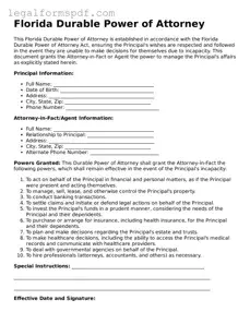 Fillable  Durable Power of Attorney Document for Florida