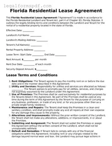 Fillable  Residential Lease Agreement Document for Florida