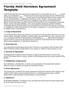 Fillable  Hold Harmless Agreement Document for Florida