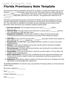 Fillable  Promissory Note Document for Florida