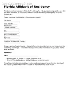 Fillable  Affidavit of Residency Document for Florida