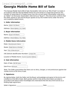 Fillable  Mobile Home Bill of Sale Document for Georgia