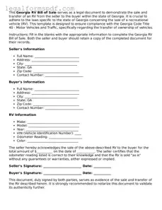 Fillable  RV Bill of Sale Document for Georgia