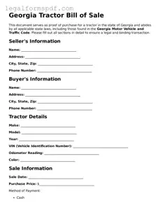 Fillable  Tractor Bill of Sale Document for Georgia