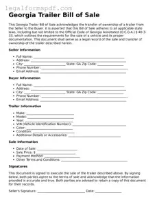 Fillable  Trailer Bill of Sale Document for Georgia