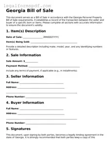 Fillable  Bill of Sale Document for Georgia