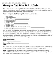 Fillable  Dirt Bike Bill of Sale Document for Georgia