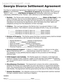 Fillable  Divorce Settlement Agreement Document for Georgia