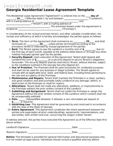 Fillable  Residential Lease Agreement Document for Georgia