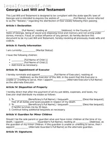 Fillable  Last Will and Testament Document for Georgia