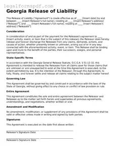 Fillable  Release of Liability Document for Georgia
