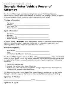 Fillable  Motor Vehicle Power of Attorney Document for Georgia