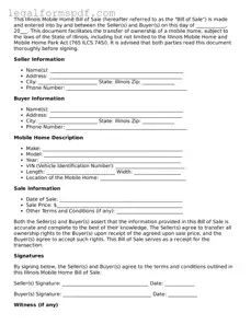 Fillable  Mobile Home Bill of Sale Document for Illinois