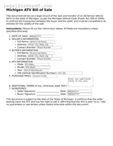 Fillable  ATV Bill of Sale Document for Michigan