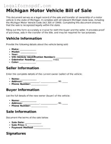 Fillable  Motor Vehicle Bill of Sale Document for Michigan