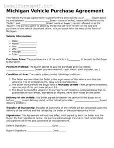 Fillable  Vehicle Purchase Agreement Document for Michigan