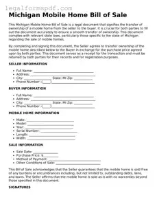 Fillable  Mobile Home Bill of Sale Document for Michigan