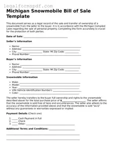Fillable  Snowmobile Bill of Sale Document for Michigan