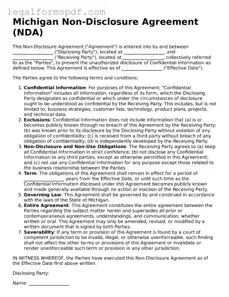 Fillable  Non-disclosure Agreement Document for Michigan