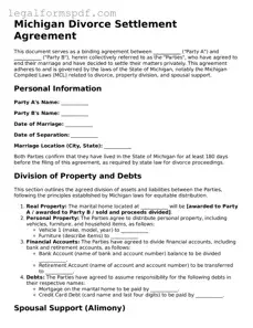 Fillable  Divorce Settlement Agreement Document for Michigan