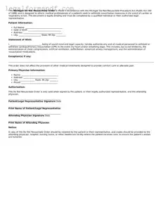 Fillable  Do Not Resuscitate Order Document for Michigan
