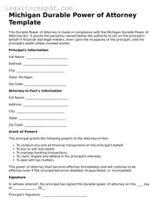 Fillable  Durable Power of Attorney Document for Michigan