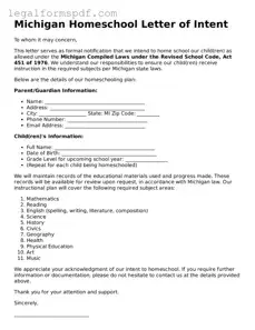 Fillable  Homeschool Letter of Intent Document for Michigan