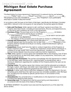 Fillable  Real Estate Purchase Agreement Document for Michigan