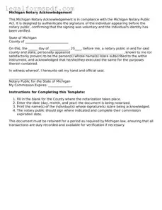 Fillable  Notary Acknowledgement Document for Michigan