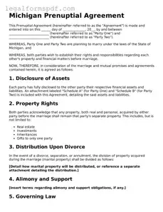 Fillable  Prenuptial Agreement Document for Michigan