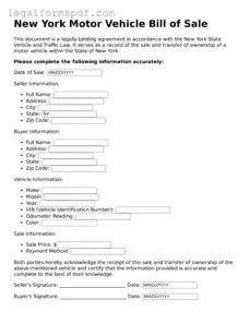 Fillable  Motor Vehicle Bill of Sale Document for New York
