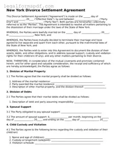 Fillable  Divorce Settlement Agreement Document for New York