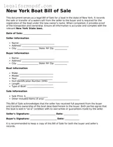 Fillable  Boat Bill of Sale Document for New York