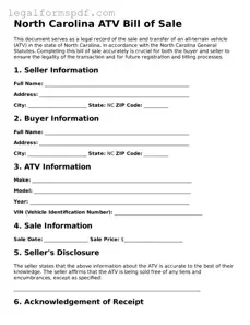 Fillable  ATV Bill of Sale Document for North Carolina