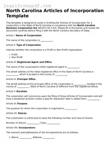 Fillable  Articles of Incorporation Document for North Carolina