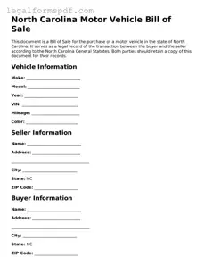 Fillable  Motor Vehicle Bill of Sale Document for North Carolina