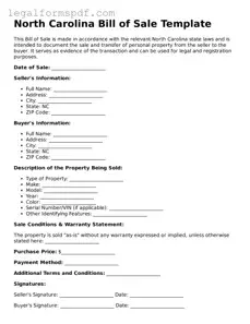 Fillable  Bill of Sale Document for North Carolina