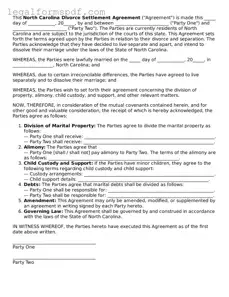 Fillable  Divorce Settlement Agreement Document for North Carolina