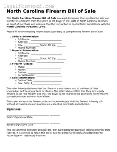 Fillable  Firearm Bill of Sale Document for North Carolina