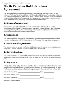 Fillable  Hold Harmless Agreement Document for North Carolina