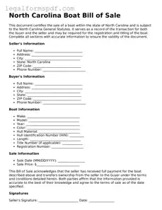 Fillable  Boat Bill of Sale Document for North Carolina