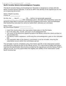 Fillable  Notary Acknowledgement Document for North Carolina