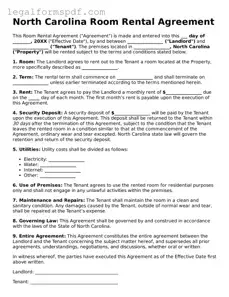 Fillable  Room Rental Agreement Document for North Carolina