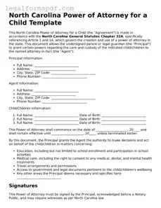 Fillable  Power of Attorney for a Child Document for North Carolina