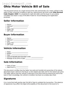 Fillable  Motor Vehicle Bill of Sale Document for Ohio