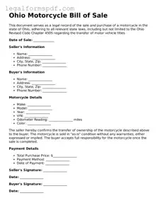 Fillable  Motorcycle Bill of Sale Document for Ohio