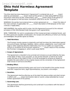 Fillable  Hold Harmless Agreement Document for Ohio