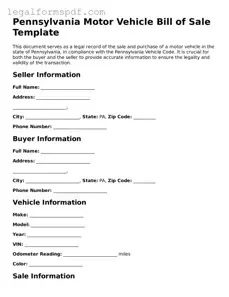 Fillable  Motor Vehicle Bill of Sale Document for Pennsylvania