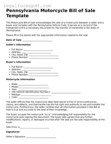 Fillable  Motorcycle Bill of Sale Document for Pennsylvania