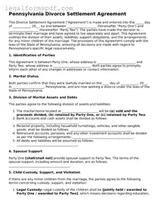 Fillable  Divorce Settlement Agreement Document for Pennsylvania